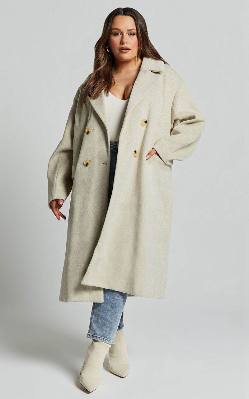 Showpo Libee Coat - Double Breasted Longline Coat Oatmeal | NESAUX573