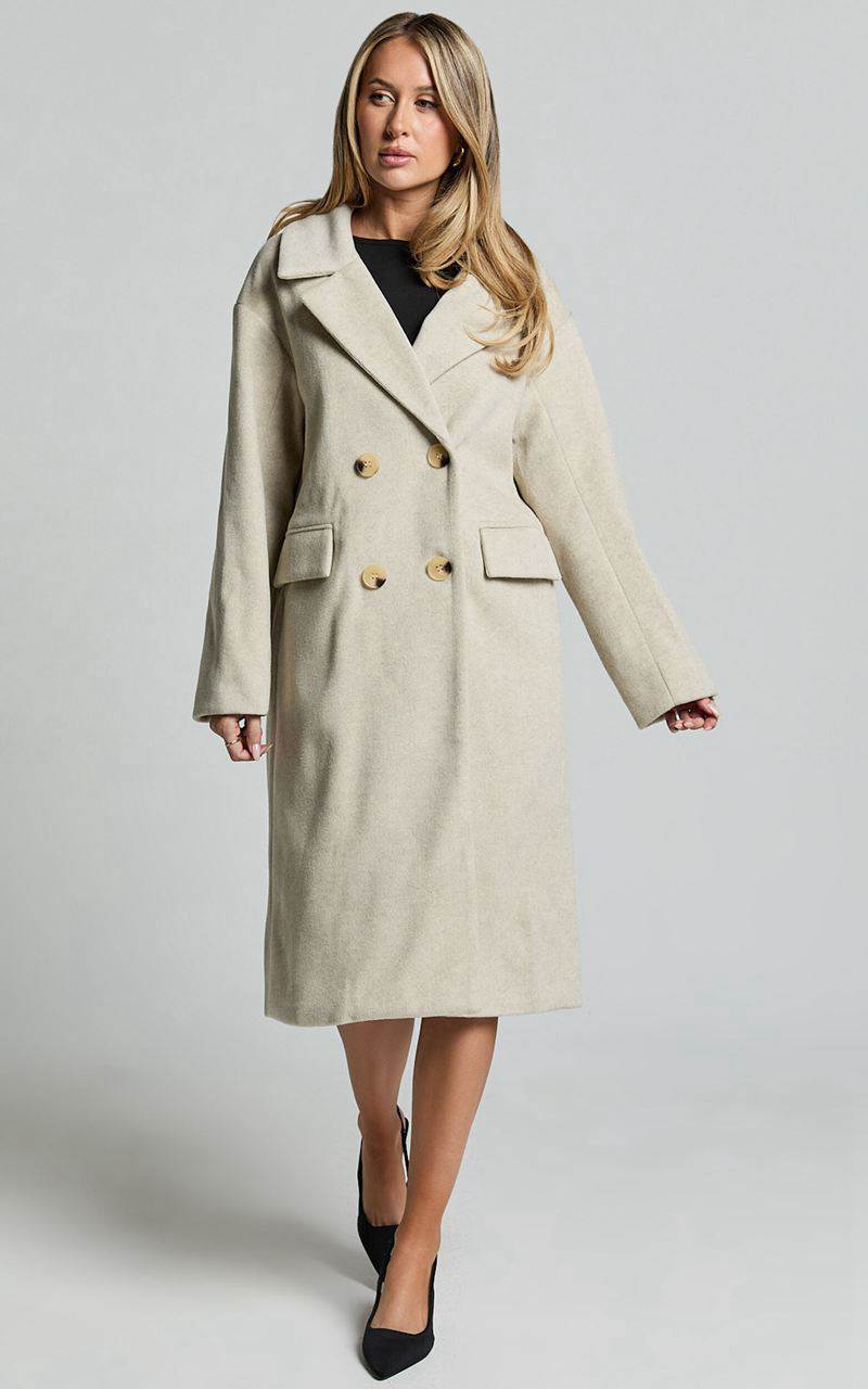 Showpo Libee Coat - Double Breasted Longline Coat Oatmeal | NESAUX573