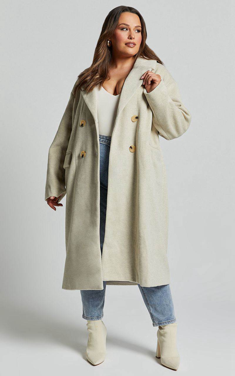 Showpo Libee Coat - Double Breasted Longline Coat Oatmeal | NESAUX573