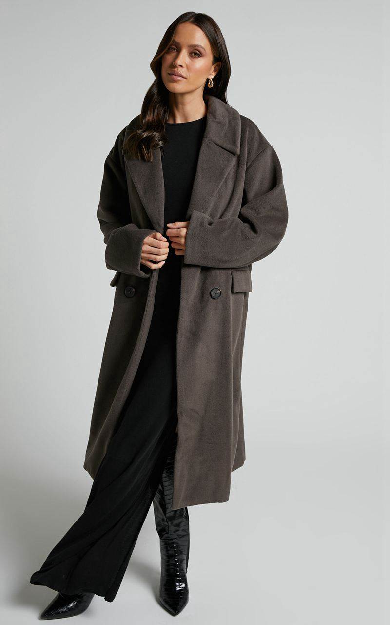 Showpo Libee Coat - Double Breasted Longline Coat Charcoal | WVERQF529