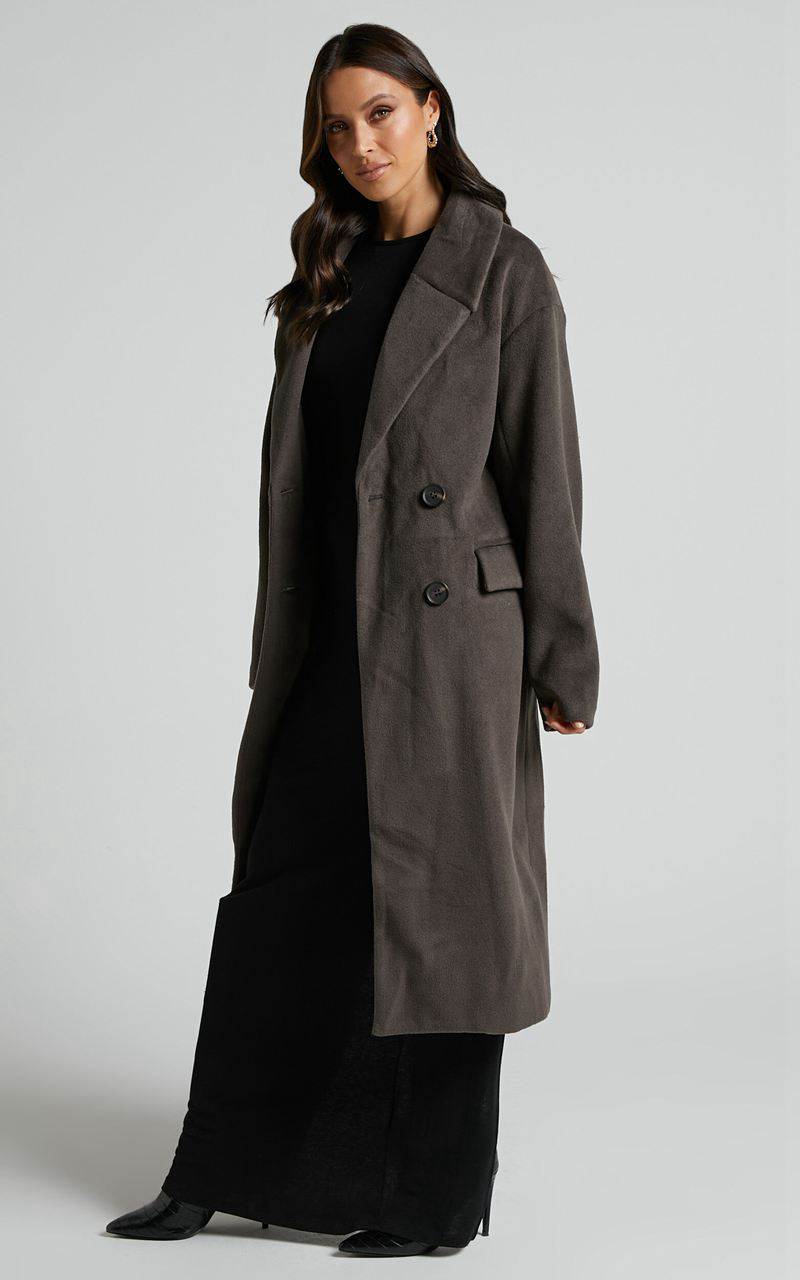 Showpo Libee Coat - Double Breasted Longline Coat Charcoal | WVERQF529