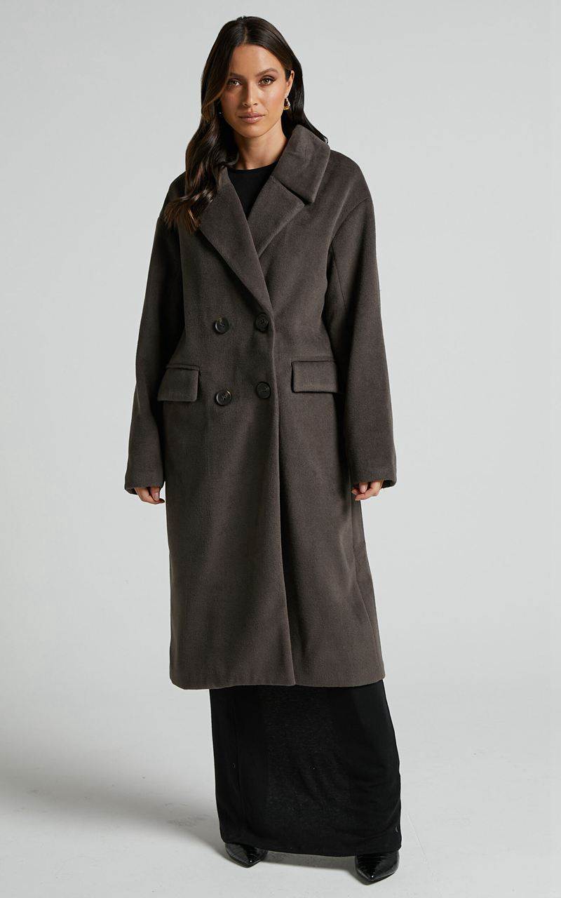 Showpo Libee Coat - Double Breasted Longline Coat Charcoal | WVERQF529