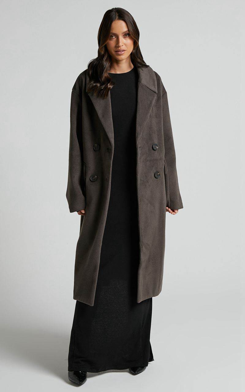 Showpo Libee Coat - Double Breasted Longline Coat Charcoal | WVERQF529