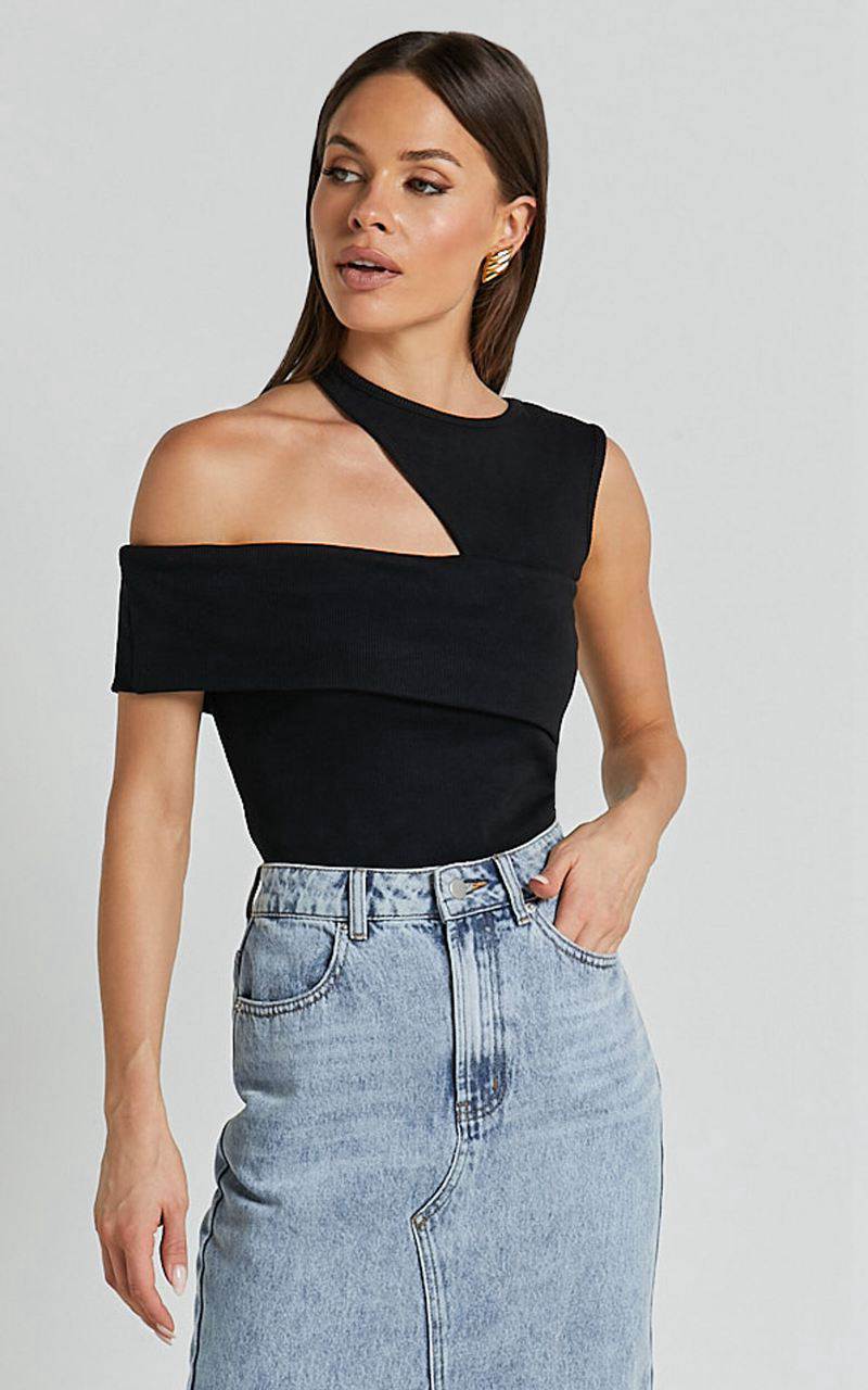 Showpo Lilah Top - Asymmetric Cut Out Top Black | GZQFLS613