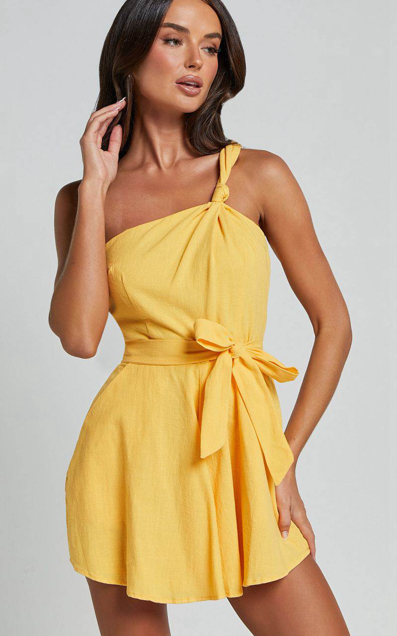 Showpo Liliosa Playsuit - One Shoulder Knot Detail Playsuit Mango | NVWJXA951