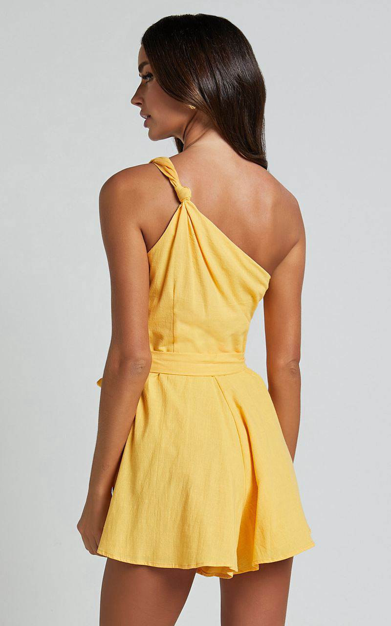 Showpo Liliosa Playsuit - One Shoulder Knot Detail Playsuit Mango | NVWJXA951