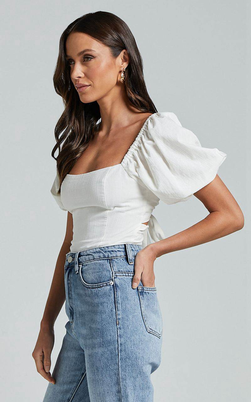 Showpo Liliosa Top - Square Neck Tie Back Puff Sleeve Top White | TJRGVK726