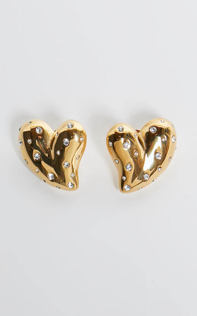 Showpo Lily Earrings - Heart Shaped Diamante Detailed Earrings Gold | COLQWE830