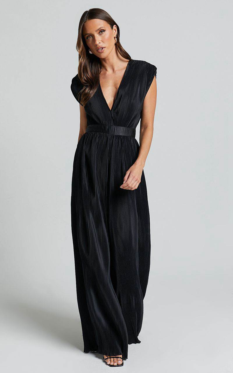 Showpo Lina Jumpsuit - Plunge Neck Pleated Wide Leg Jumpsuit Black | UKNDQE398