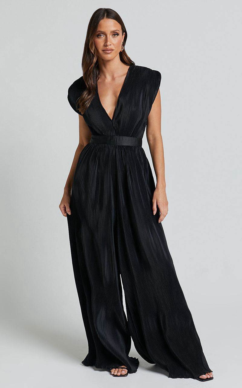 Showpo Lina Jumpsuit - Plunge Neck Pleated Wide Leg Jumpsuit Black | UKNDQE398