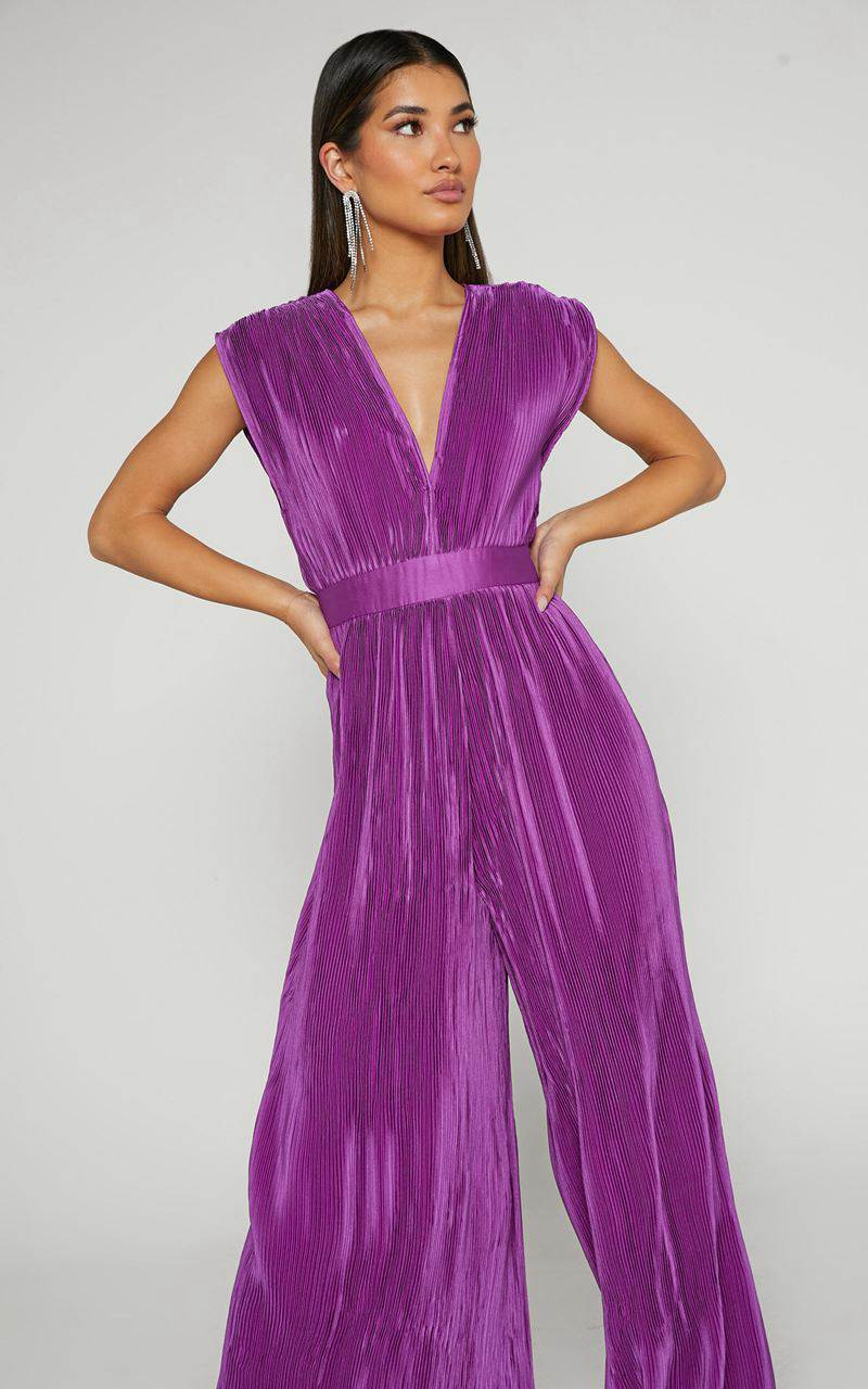 Showpo Lina Jumpsuit - Plunge Neck Pleated Wide Leg Jumpsuit Orchid | QAGDMH782