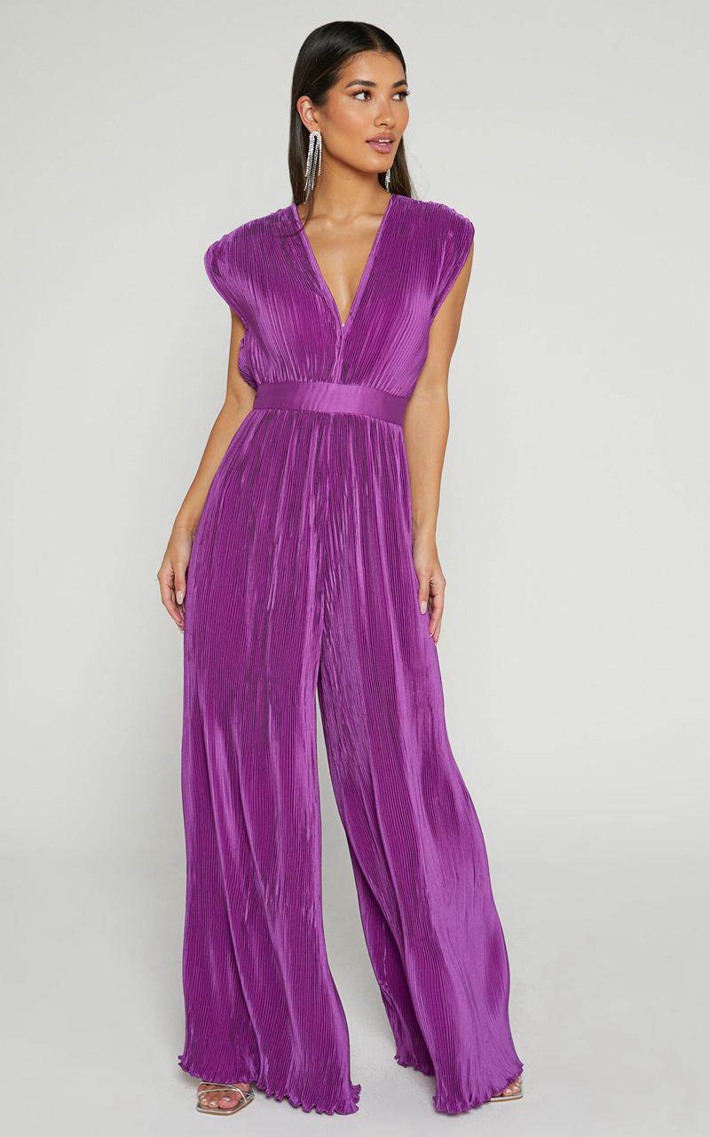 Showpo Lina Jumpsuit - Plunge Neck Pleated Wide Leg Jumpsuit Orchid | QAGDMH782