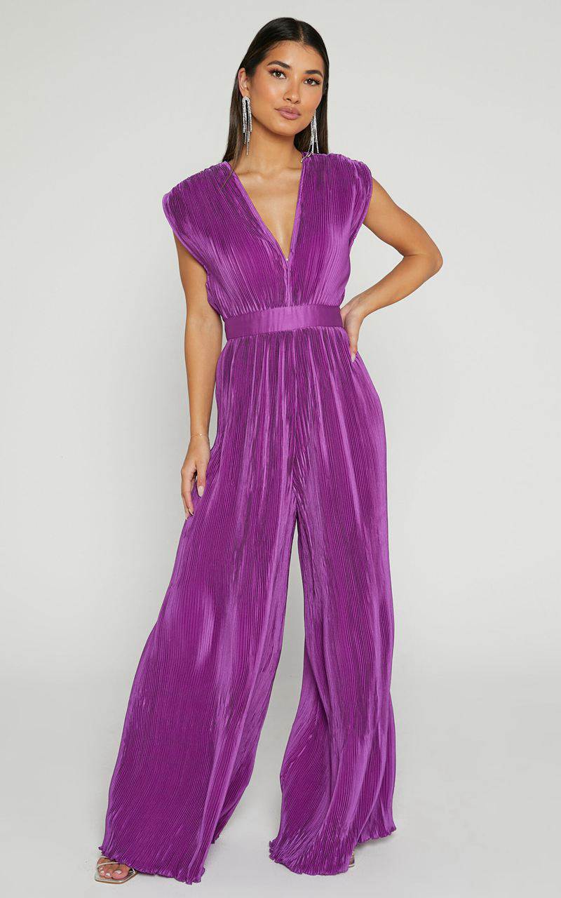 Showpo Lina Jumpsuit - Plunge Neck Pleated Wide Leg Jumpsuit Orchid | QAGDMH782