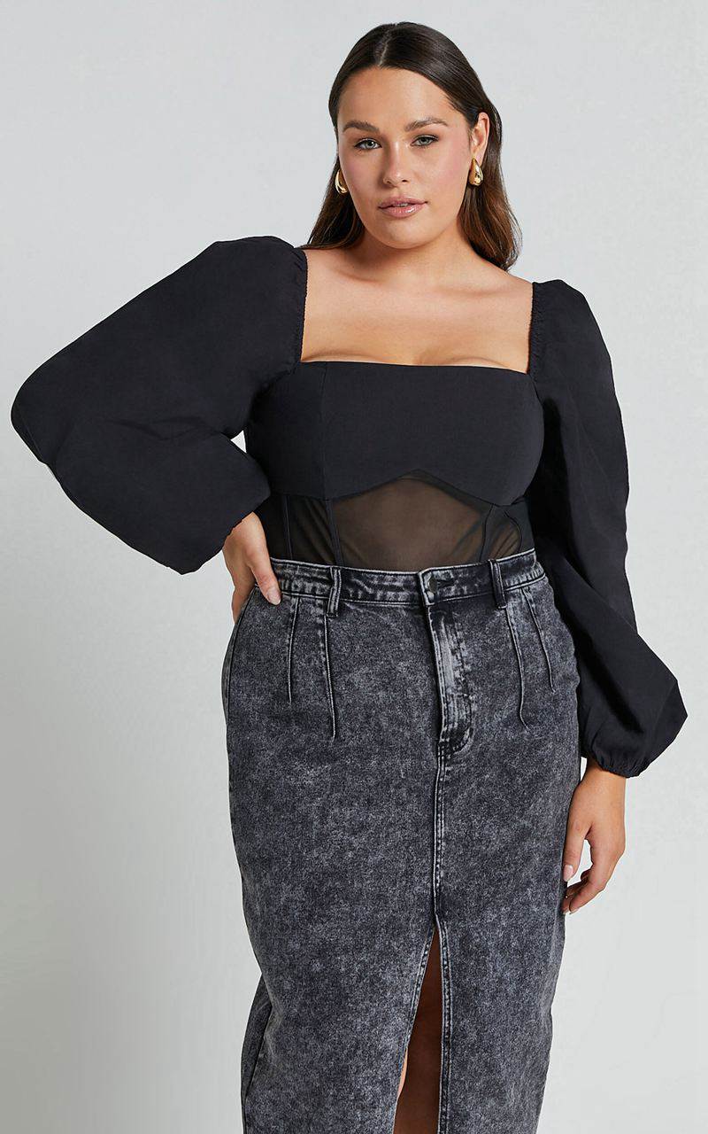 Showpo Lincy Bodysuit - Puff Long Sleeve Mesh Waist Detail Bodysuit Black | PFBWEA806