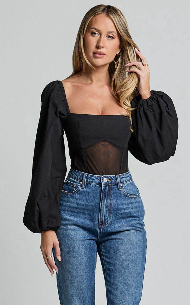 Showpo Lincy Bodysuit - Puff Long Sleeve Mesh Waist Detail Bodysuit Black | PFBWEA806