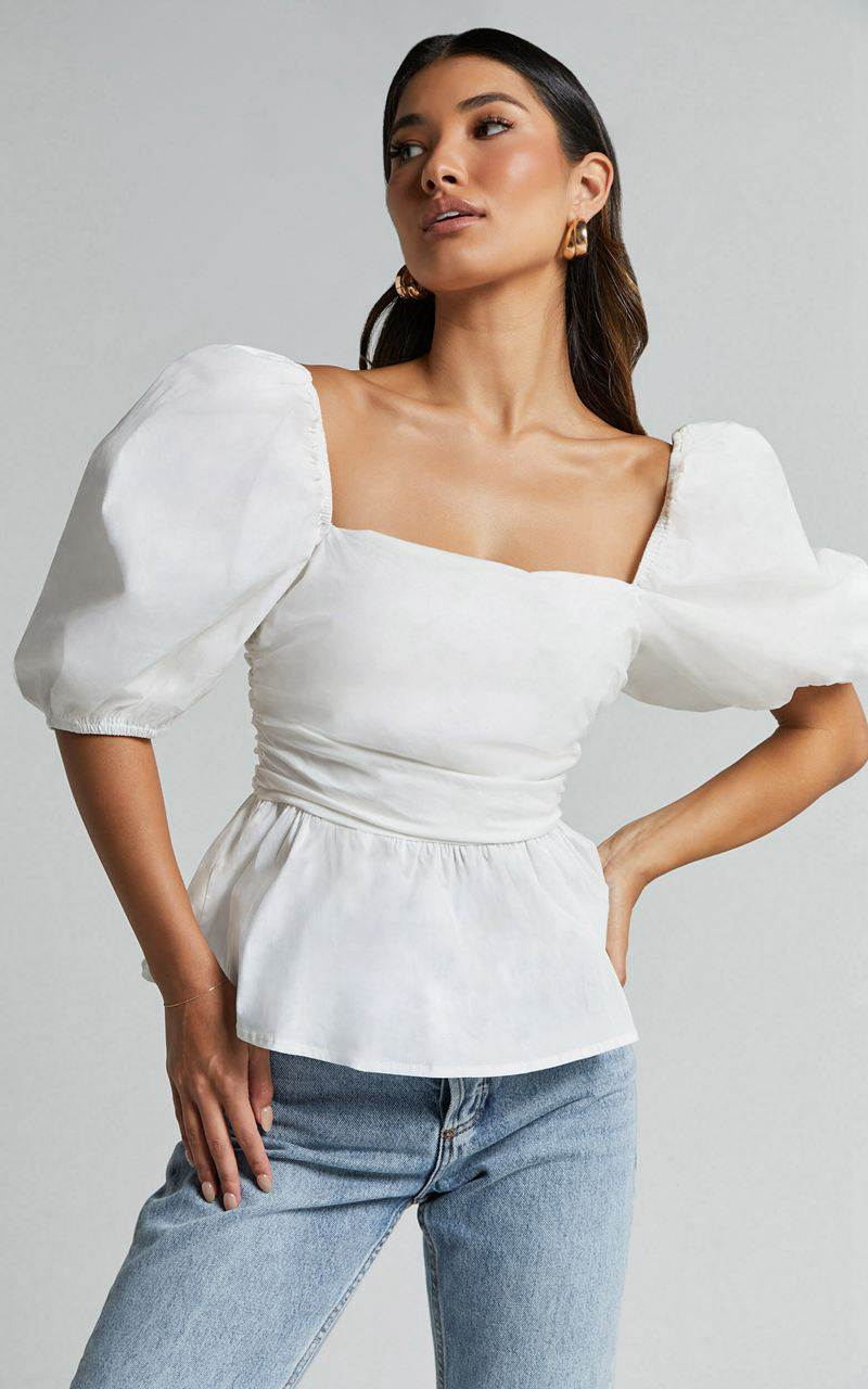 Showpo Linda Top - Short Puff Sleeve Peplum Ivory | SDBMJE463