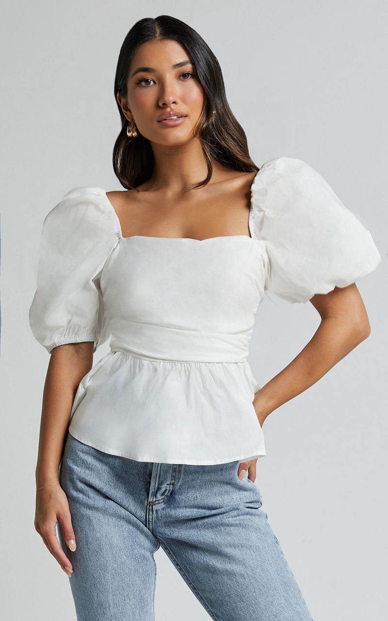 Showpo Linda Top - Short Puff Sleeve Peplum Ivory | SDBMJE463