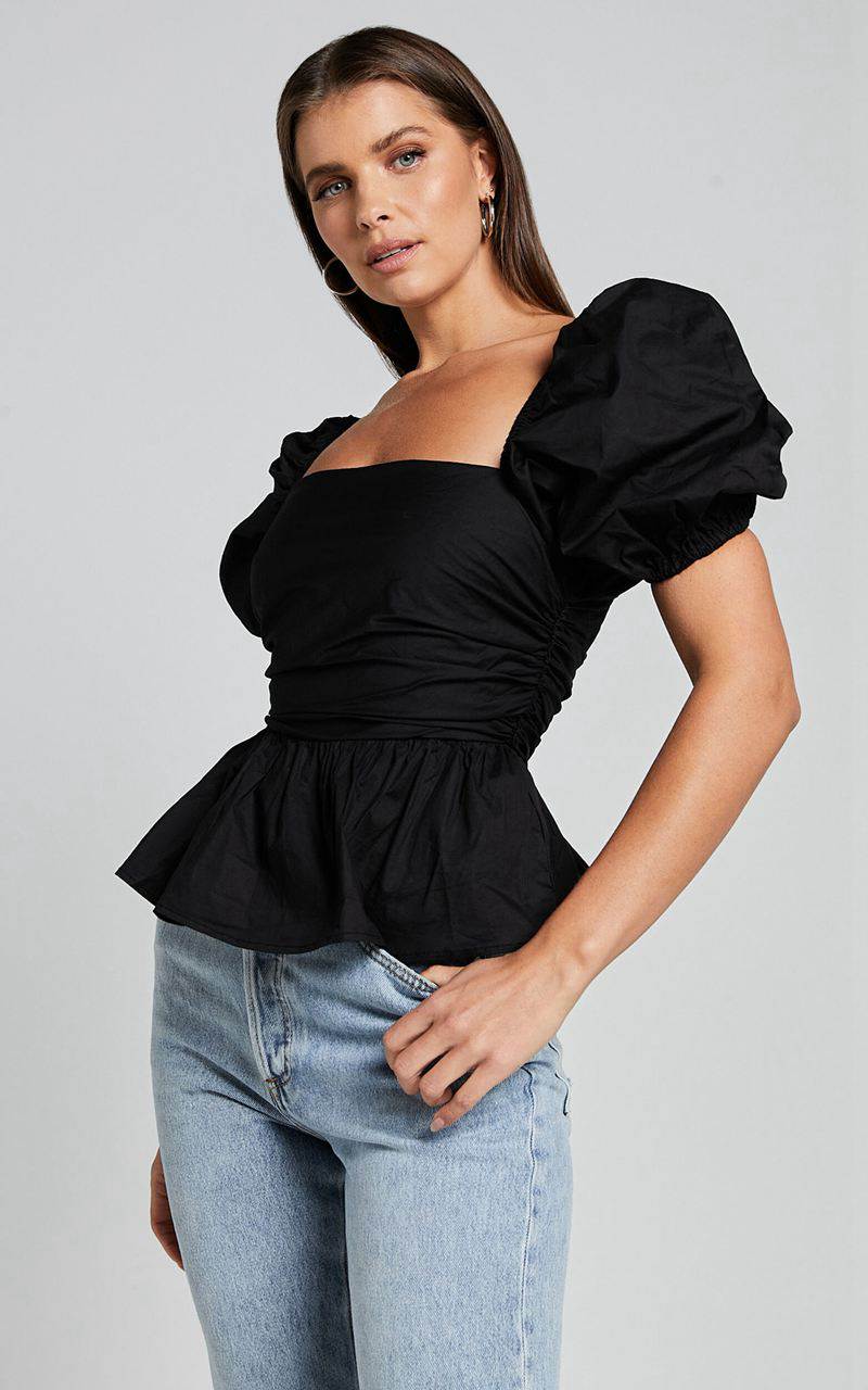 Showpo Linda Top - Short Puff Sleeve Peplum Black | NGUZBW937