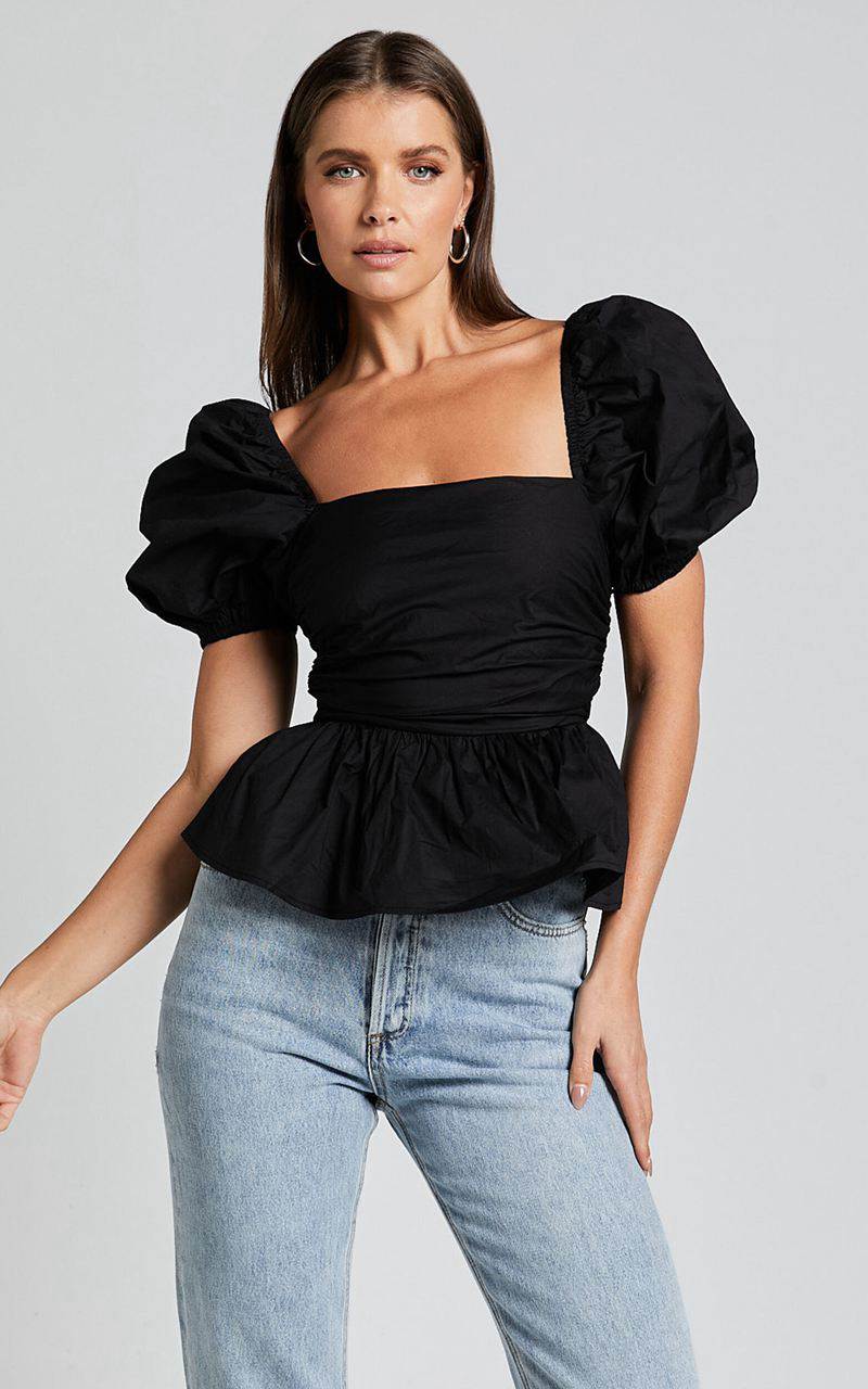 Showpo Linda Top - Short Puff Sleeve Peplum Black | NGUZBW937