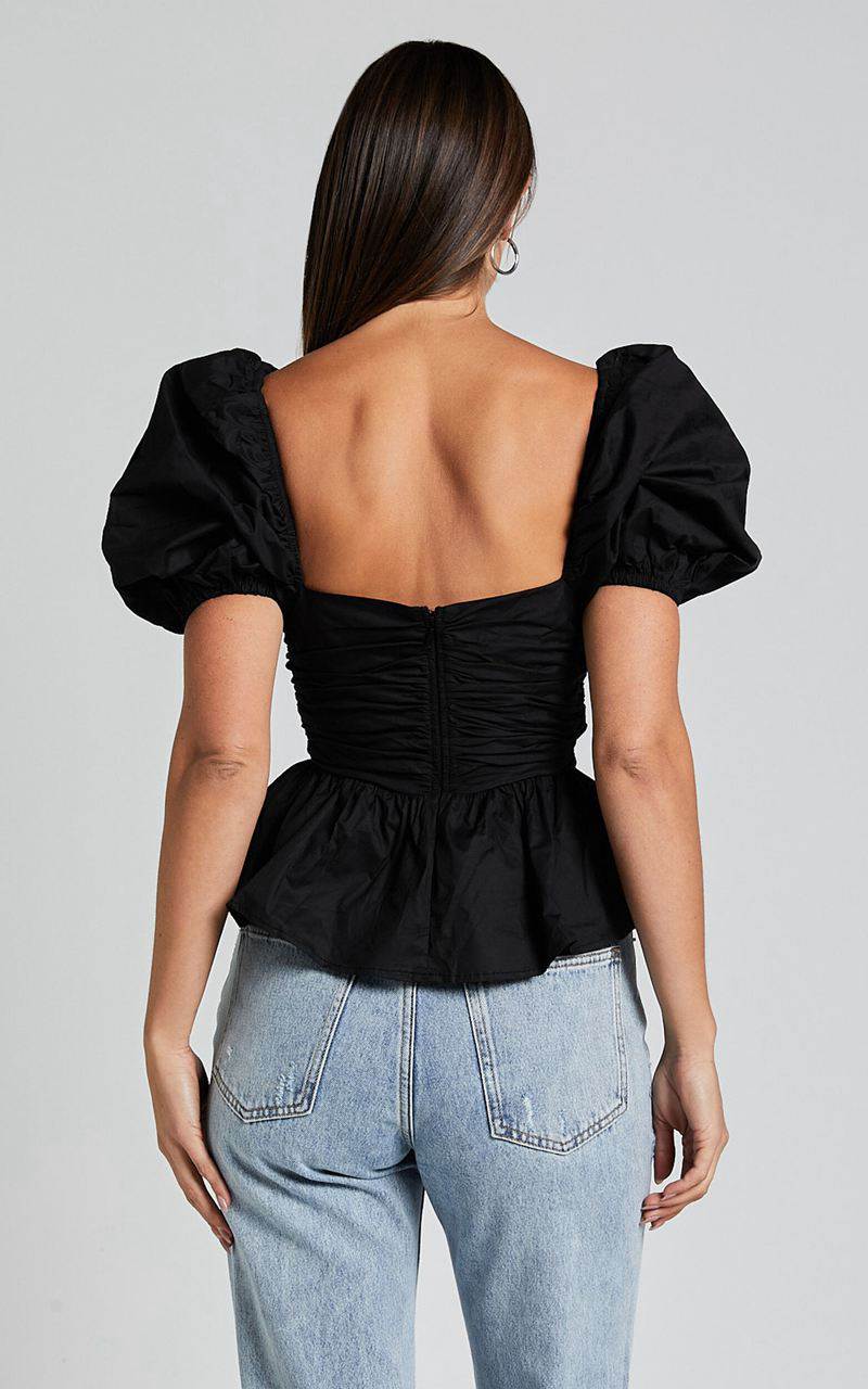 Showpo Linda Top - Short Puff Sleeve Peplum Black | NGUZBW937