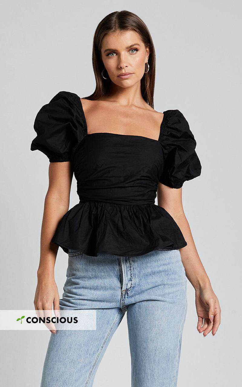 Showpo Linda Top - Short Puff Sleeve Peplum Black | NGUZBW937