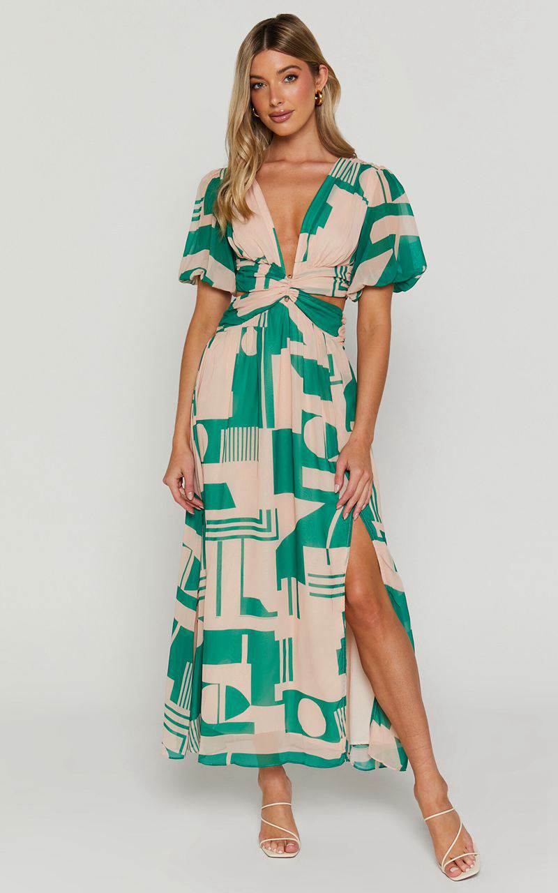 Showpo Lindey Midi Dress - Side Cut Plunge Neck Puff Sleeve Dress Green And Cream Geo | OFKDYA071