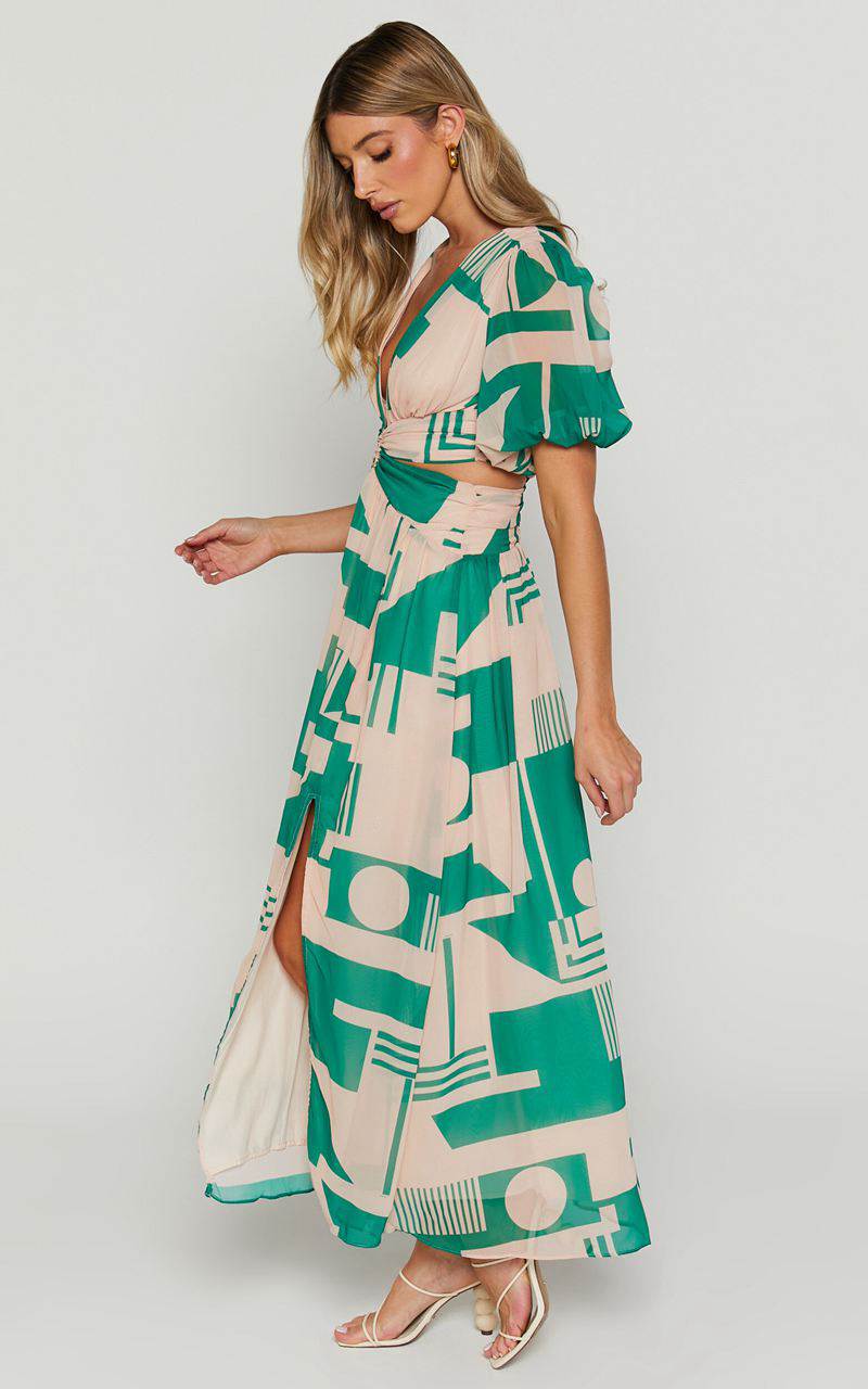 Showpo Lindey Midi Dress - Side Cut Plunge Neck Puff Sleeve Dress Green And Cream Geo | OFKDYA071