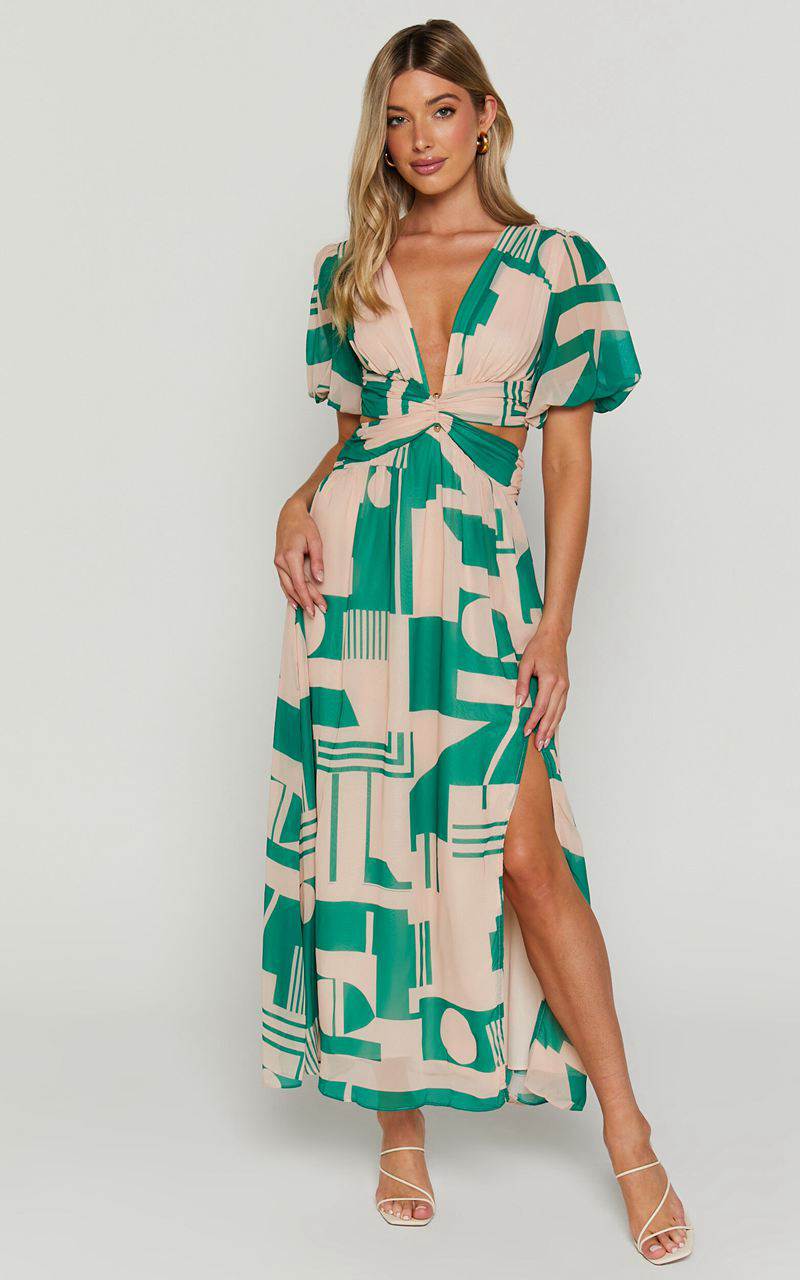 Showpo Lindey Midi Dress - Side Cut Plunge Neck Puff Sleeve Dress Green And Cream Geo | OFKDYA071