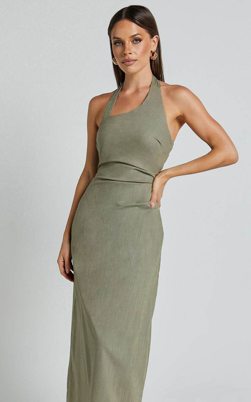 Showpo Lindley Midi Dress - Halter Neck Linen Look Dress Olive | NLVQIG094