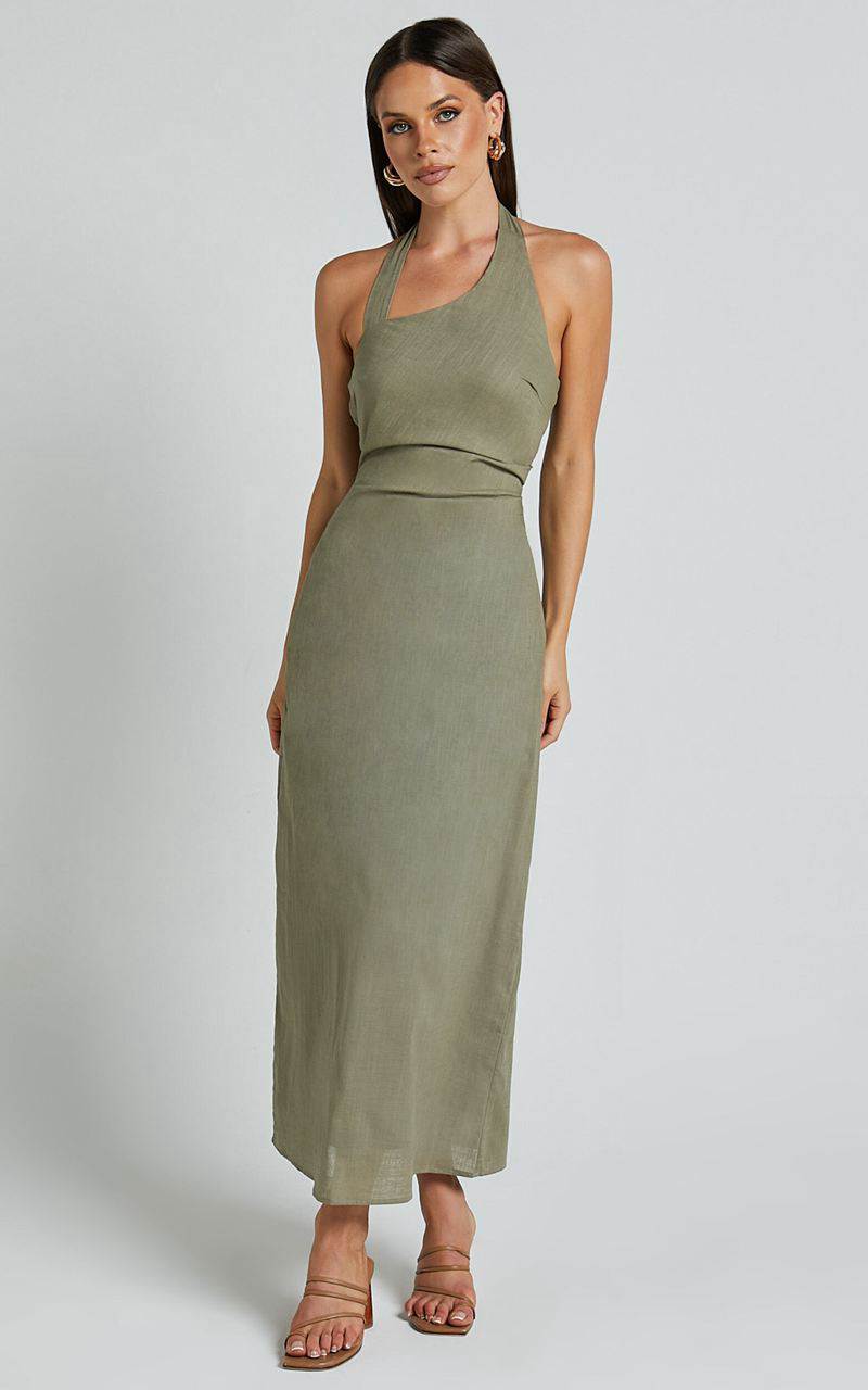 Showpo Lindley Midi Dress - Halter Neck Linen Look Dress Olive | NLVQIG094