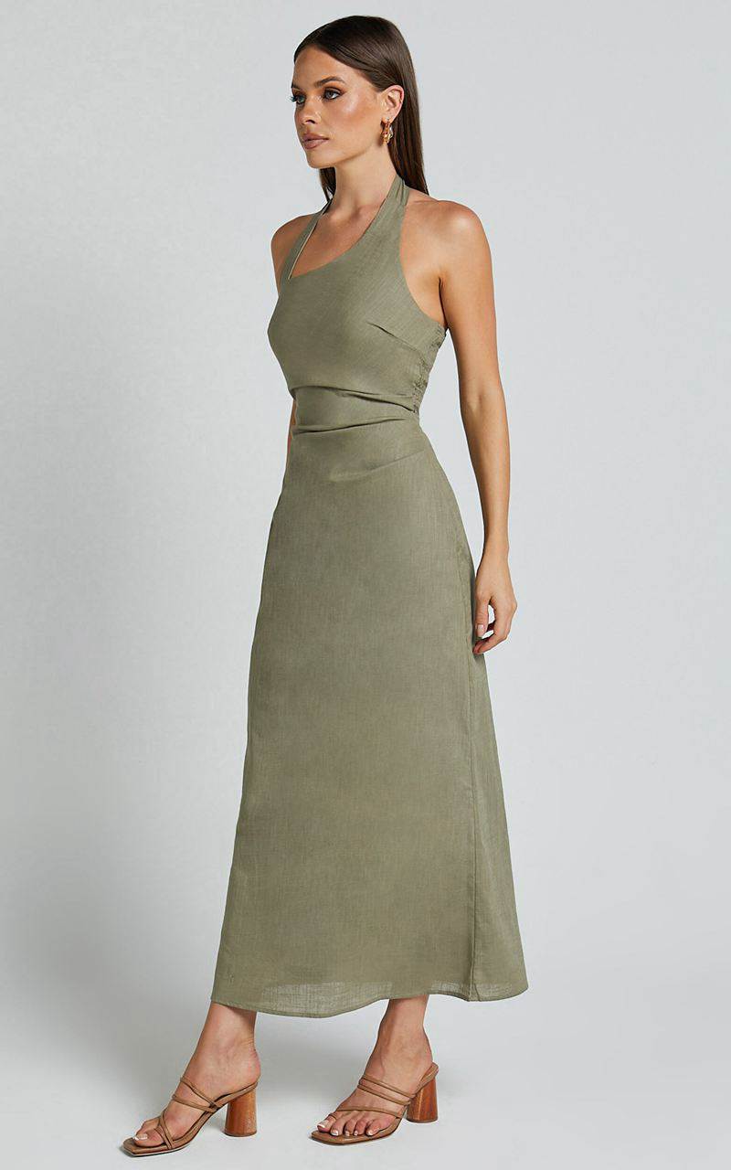 Showpo Lindley Midi Dress - Halter Neck Linen Look Dress Olive | NLVQIG094