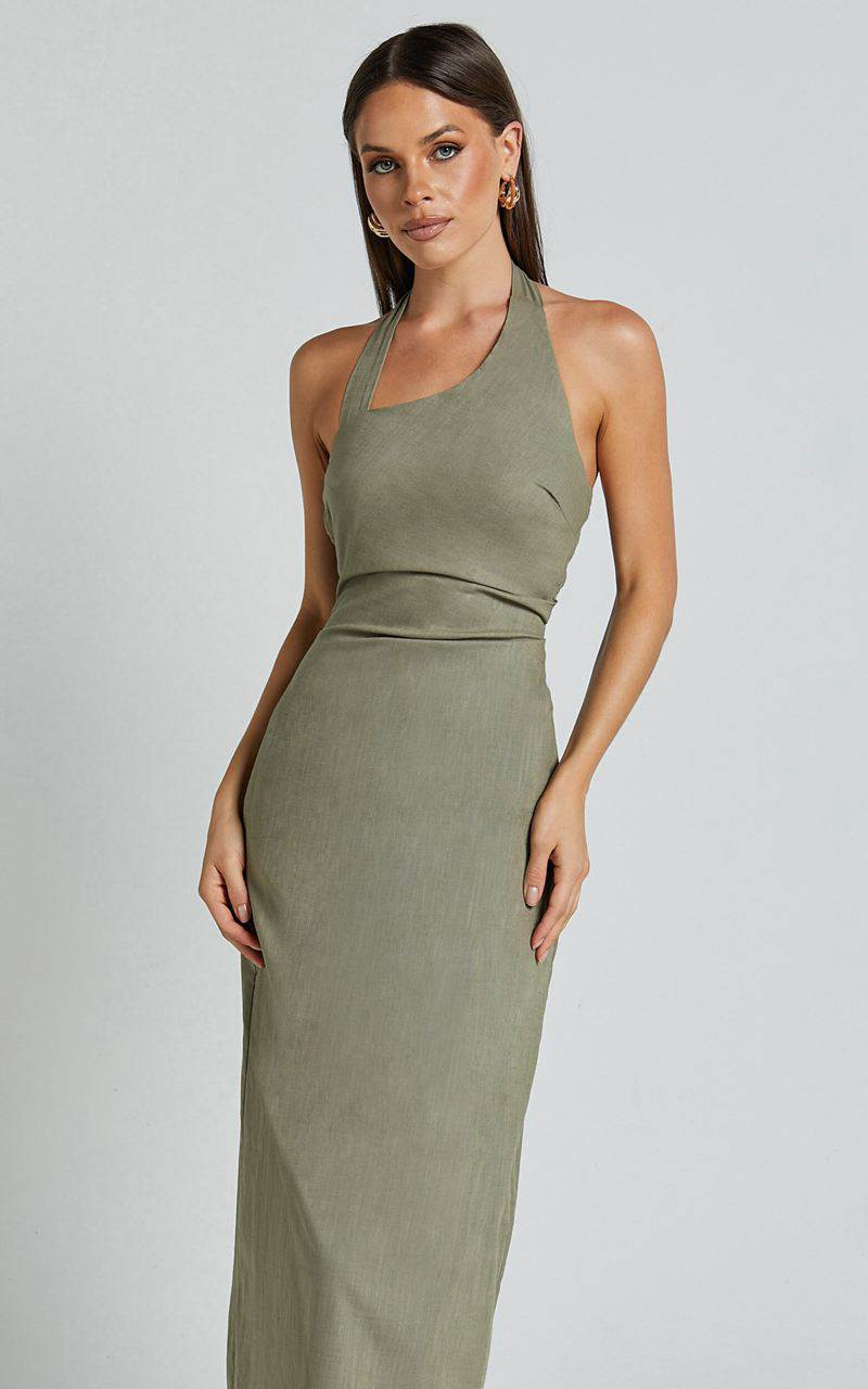 Showpo Lindley Midi Dress - Halter Neck Linen Look Dress Olive | NLVQIG094