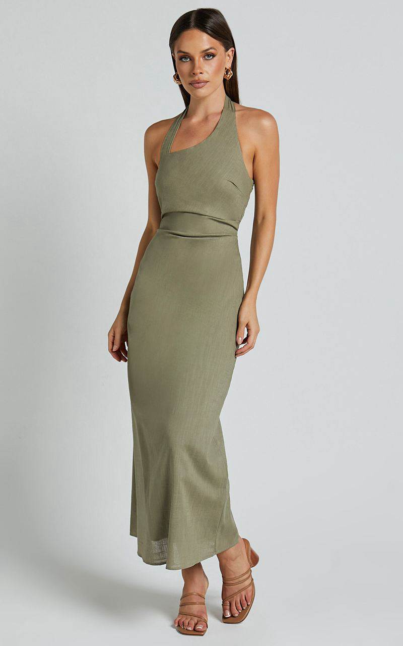 Showpo Lindley Midi Dress - Halter Neck Linen Look Dress Olive | NLVQIG094