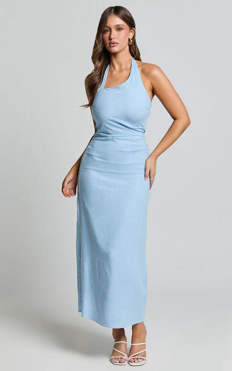 Showpo Lindley Midi Dress - Halter Neck Linen Look Dress Soft Blue | SHOJUV594