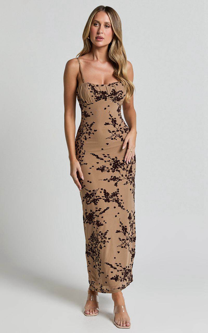 Showpo Lindsay Midi Dress - Ruched Chest Velvet Burnout Slip Dress Brown Floral | MCAPYU314