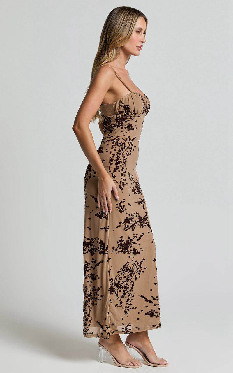 Showpo Lindsay Midi Dress - Ruched Chest Velvet Burnout Slip Dress Brown Floral | MCAPYU314