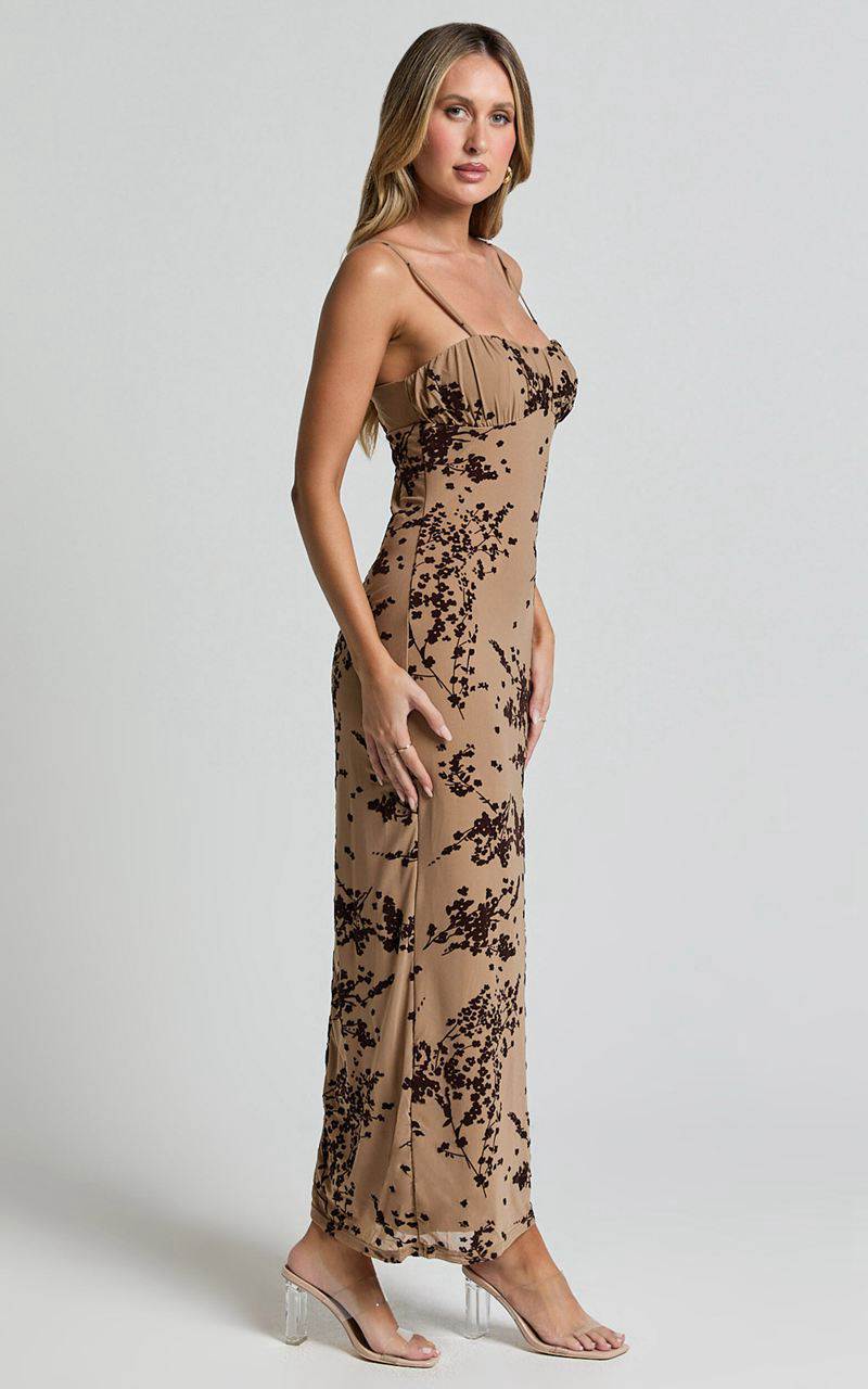 Showpo Lindsay Midi Dress - Ruched Chest Velvet Burnout Slip Dress Brown Floral | MCAPYU314