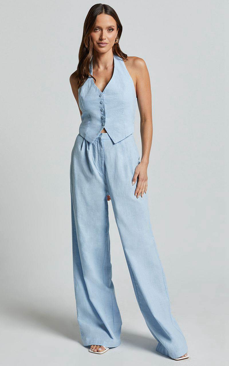 Showpo Linette Jumpsuit - Halter Neck Button Through Vest Tailored Wide Leg Jumpsuit Light Blue | MGOTXK423