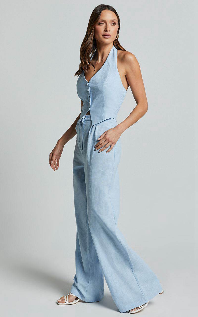 Showpo Linette Jumpsuit - Halter Neck Button Through Vest Tailored Wide Leg Jumpsuit Light Blue | MGOTXK423