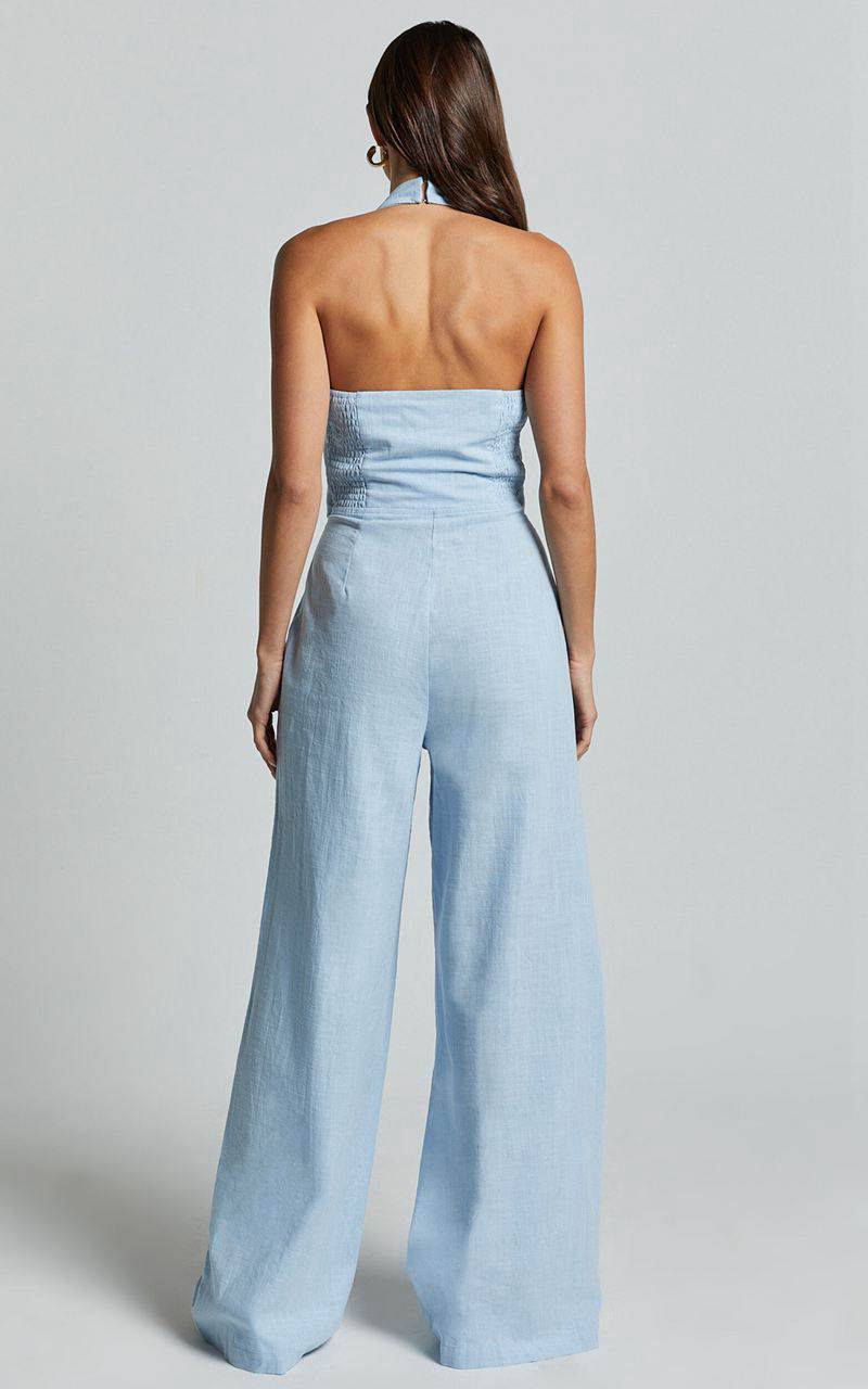 Showpo Linette Jumpsuit - Halter Neck Button Through Vest Tailored Wide Leg Jumpsuit Light Blue | MGOTXK423