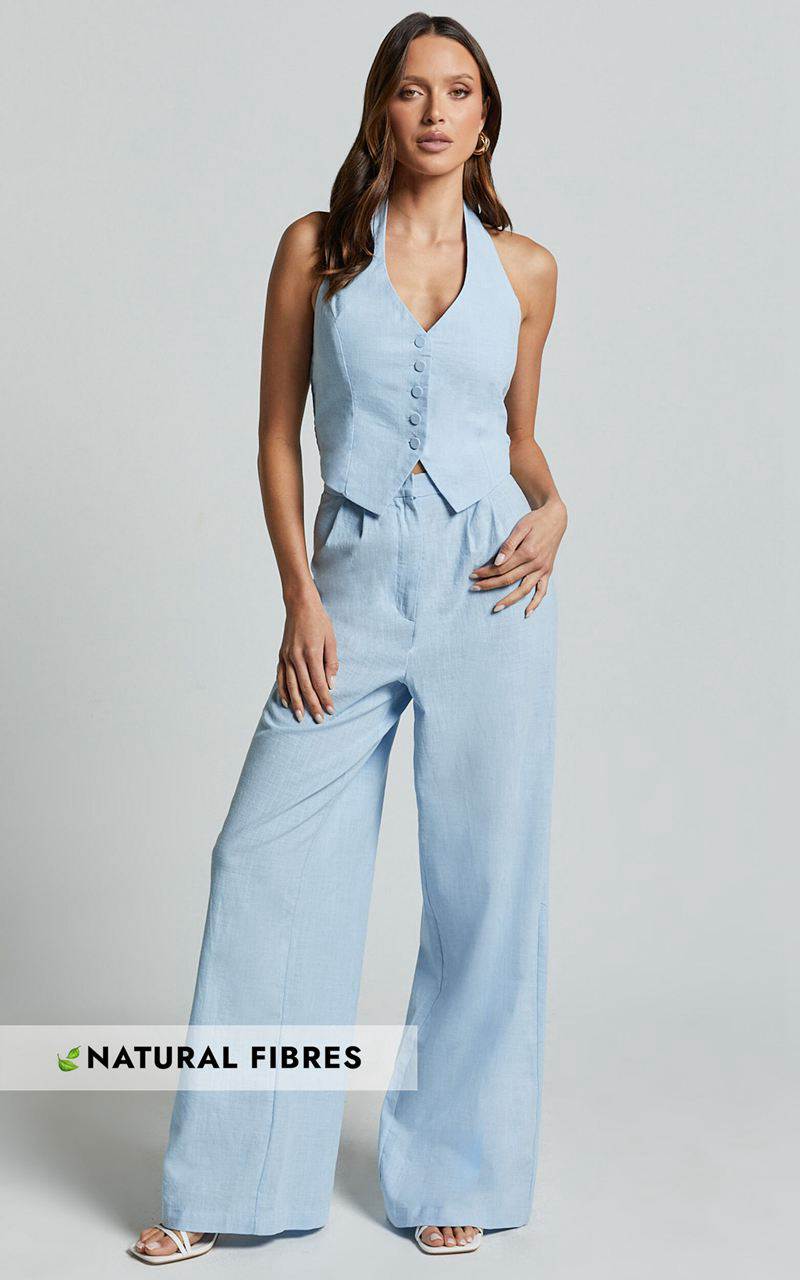 Showpo Linette Jumpsuit - Halter Neck Button Through Vest Tailored Wide Leg Jumpsuit Light Blue | MGOTXK423