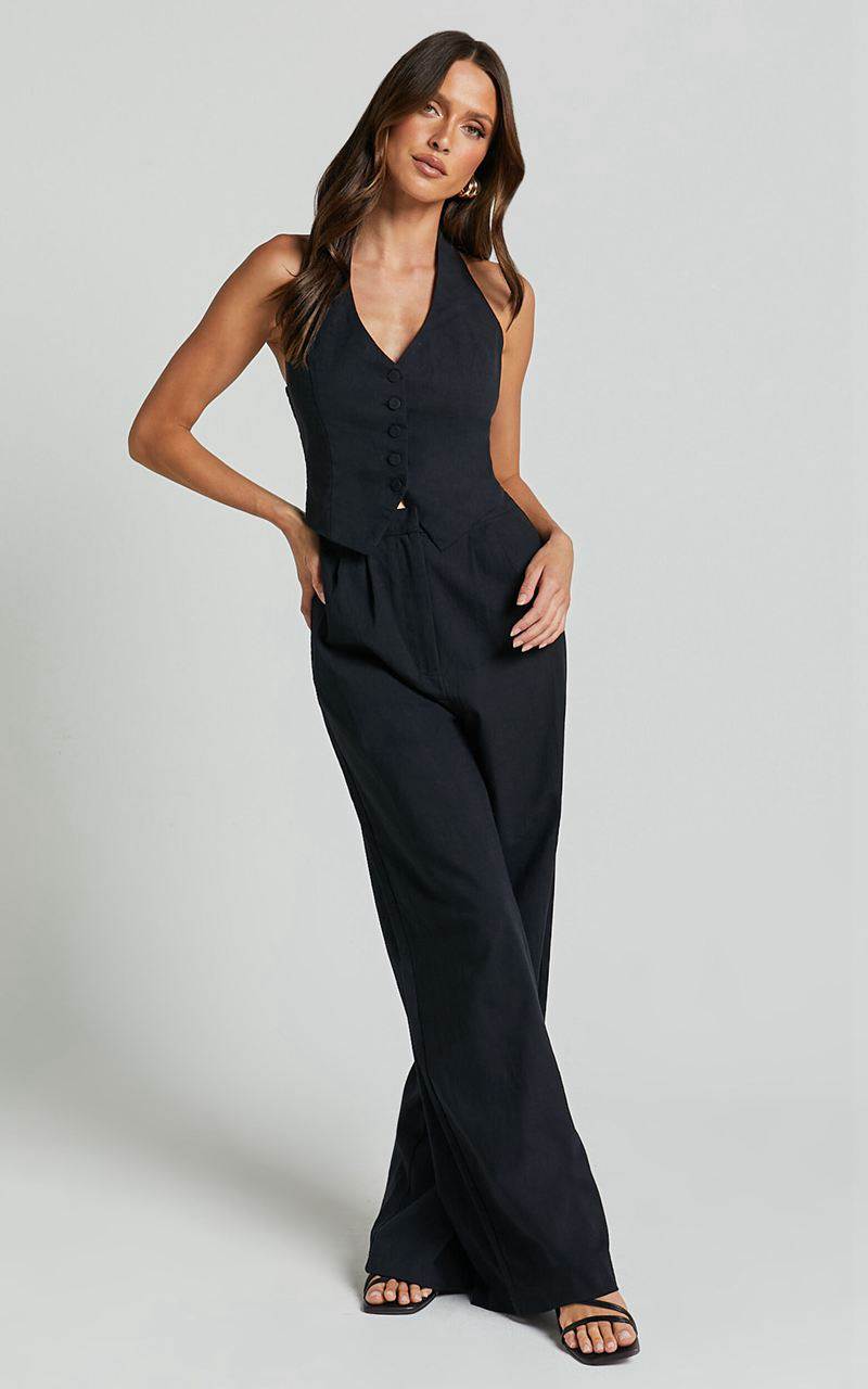 Showpo Linette Jumpsuit - Halter Neck Button Through Vest Tailored Wide Leg Jumpsuit Black | GPMTUF470