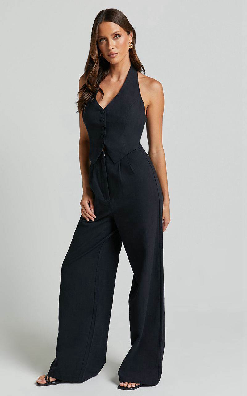 Showpo Linette Jumpsuit - Halter Neck Button Through Vest Tailored Wide Leg Jumpsuit Black | GPMTUF470