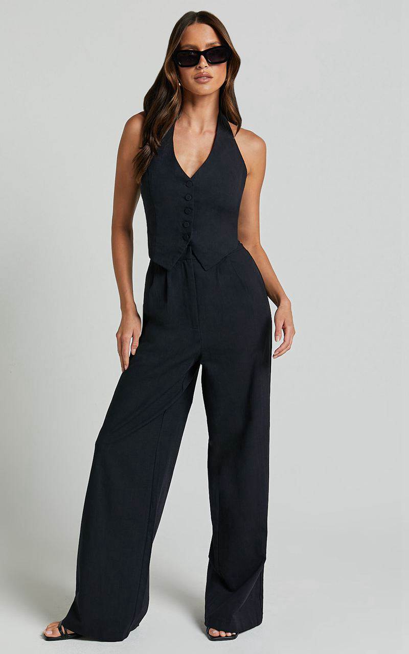 Showpo Linette Jumpsuit - Halter Neck Button Through Vest Tailored Wide Leg Jumpsuit Black | GPMTUF470