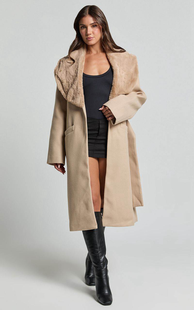 Showpo Lioness - Endless Coat With Fur Trim Tan | EKYMSJ384