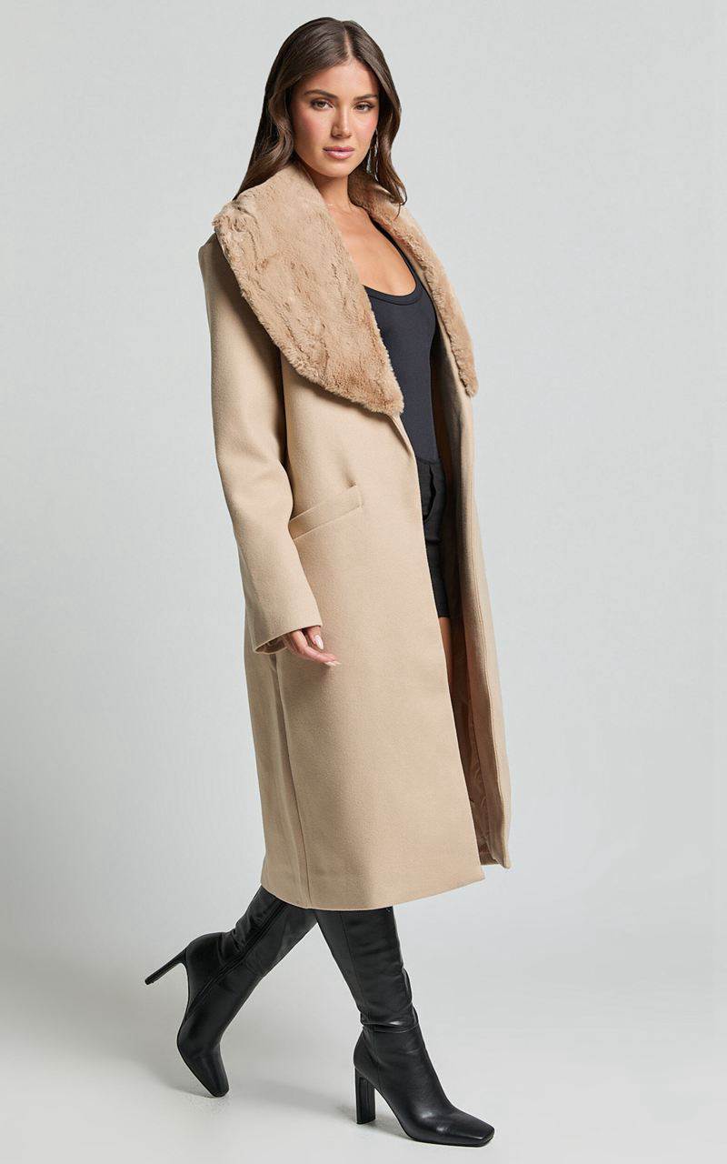 Showpo Lioness - Endless Coat With Fur Trim Tan | EKYMSJ384