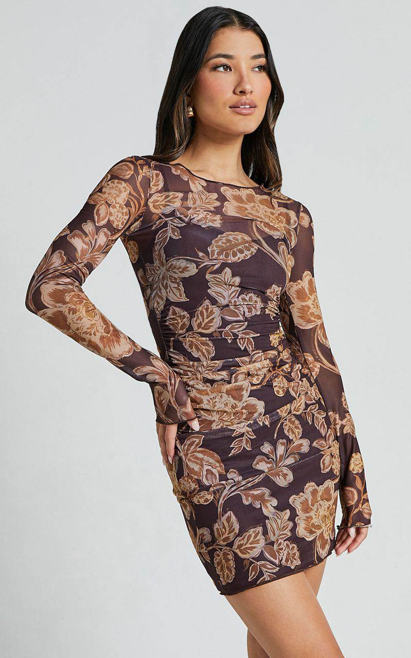 Showpo Livi Mini Dress - Long Sleeve Mesh Bodycon Dress Amber Bloom Print | STIURM532