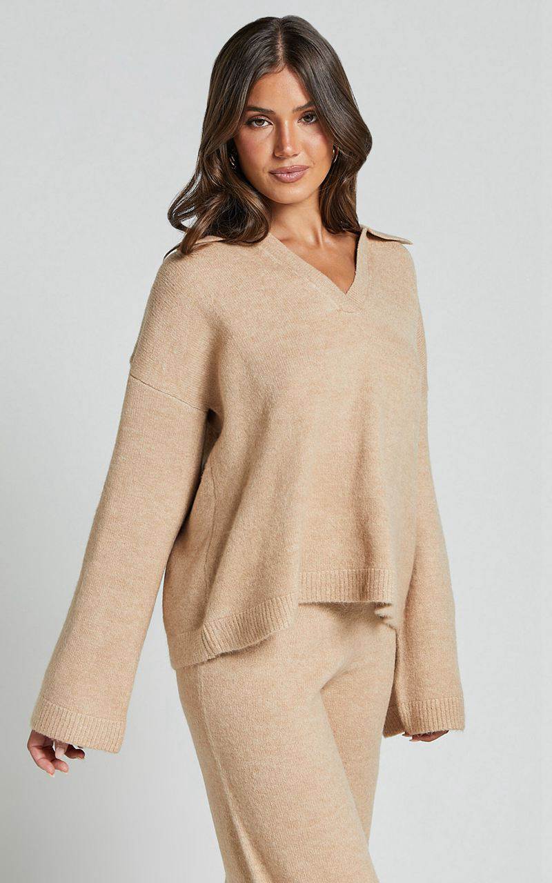 Showpo Livia Jumper - Knitted V Neck Collared Jumper Beige Marl | LMGOAC631