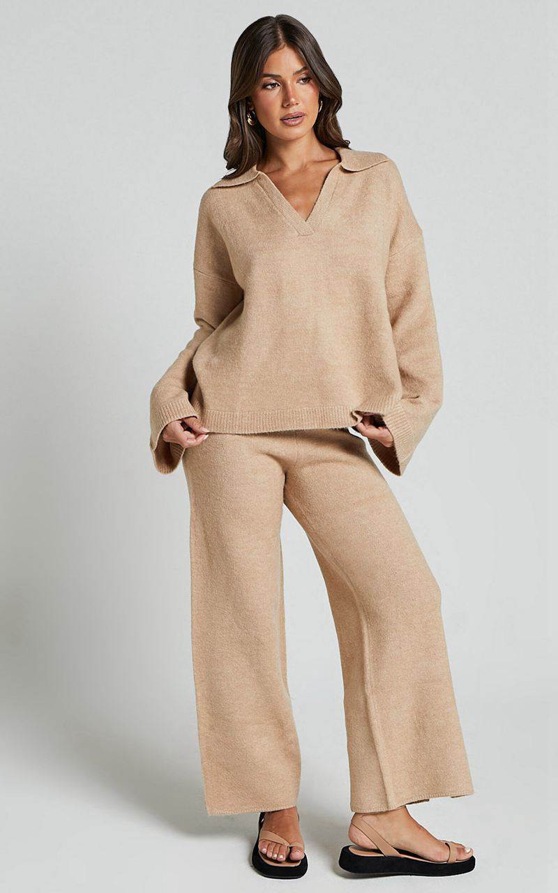 Showpo Livia Jumper - Knitted V Neck Collared Jumper Beige Marl | LMGOAC631