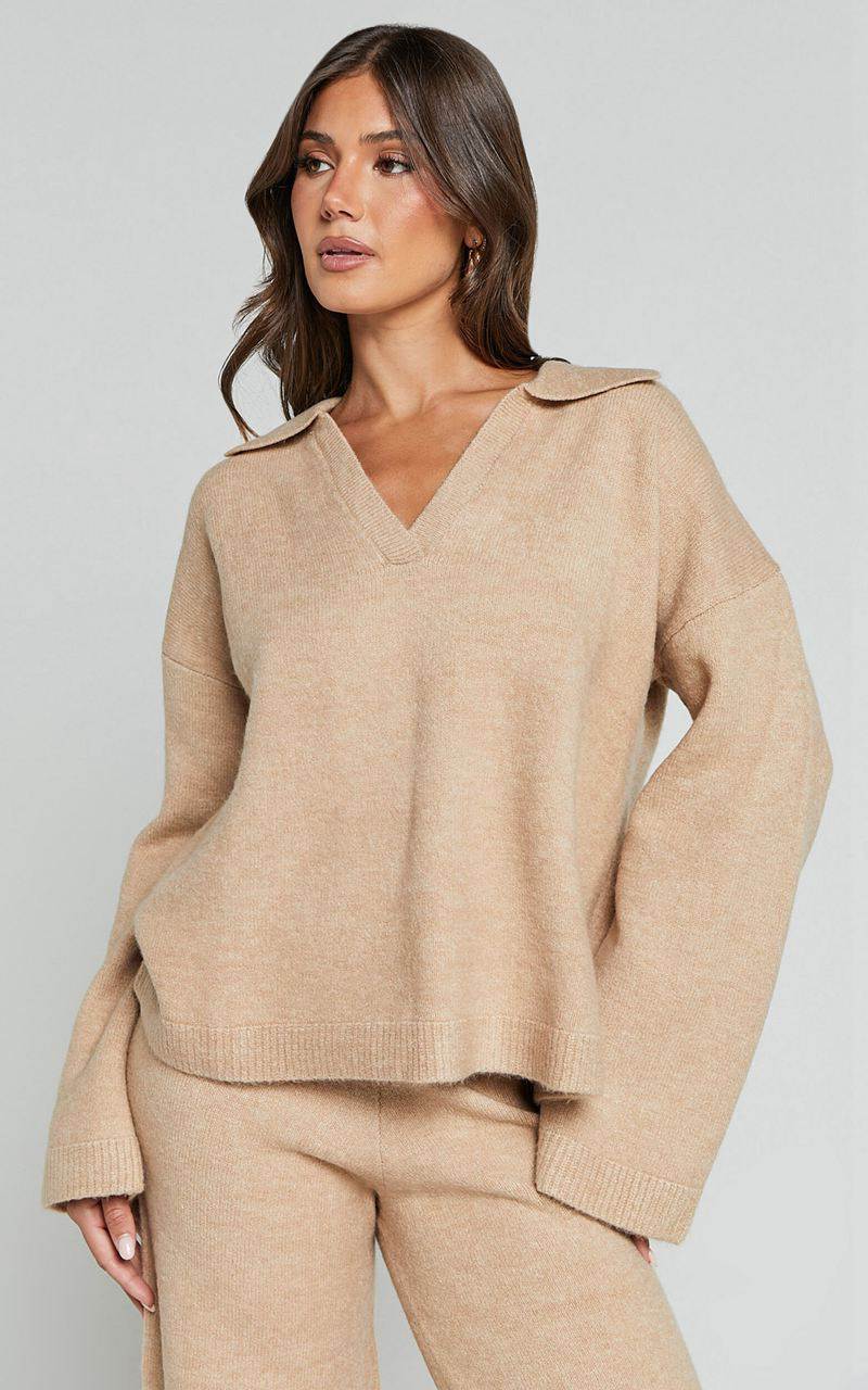 Showpo Livia Jumper - Knitted V Neck Collared Jumper Beige Marl | LMGOAC631